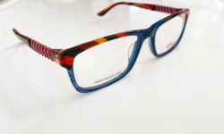 Brille kaufen - blaue Brille mit rot-gelbem Rand