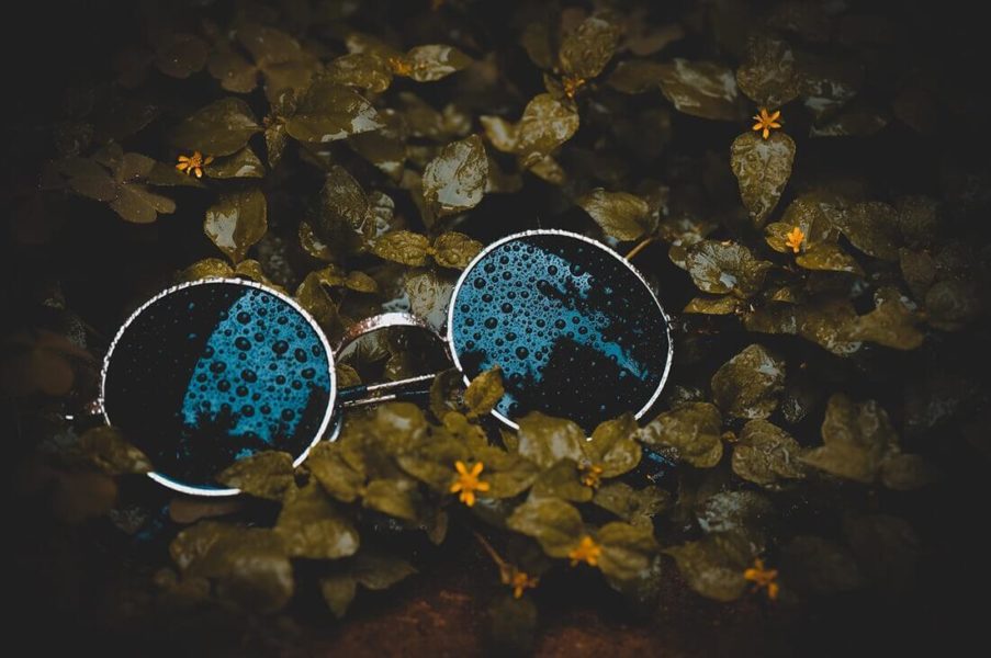 Brille mit Wassertropfen im Laub liegend