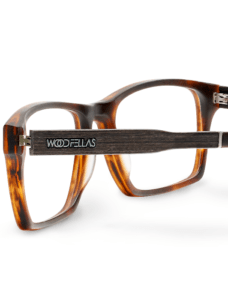 Braunmelierte Brille aus Acetat von Wollfellas mit Holzbügeln