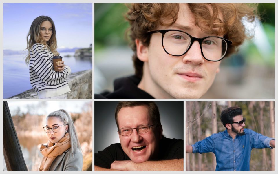 Collage aus fünf Brillenträgerinnen und Brillenträgern gemischten Alters, die stellvertretend für den Artikel über die perfekt Brille stehen