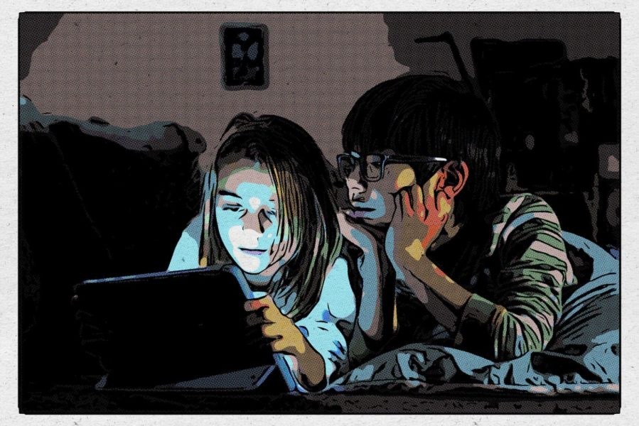 Kurzsichtigkeit von Kindern verbessern - zwei Kinder vor einem Tablet - das Bild ist im Comicstil erstellt
