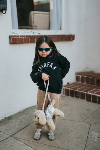 Mädchen mit Sonnenbrille, das eine Spielzeugtasche trägt, die aussieht wie ein Hund 