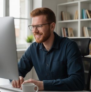Lächelnder Mann mit einer Bildschirmbrille vor einem Display