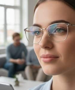 Frau mit Bildschirmbrille