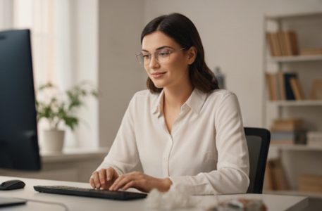 Frau mit einer Bildschirmbrille, vor ihr liegt eine Tastatur. Sie arbeitet an einem Display