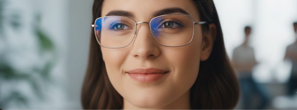 Bildschirmbrille für entspanntes Sehen im digitalen Alltag - zus sehen ist ein braunhaarige Frau mit Brille